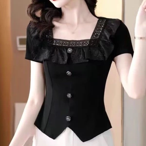 Mùa hè mới thời trang giản dị kiểu Pháp cổ vuông mỏng vừa vặn áo ngắn tay dành cho nữ