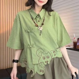 Dễ Thương Sáng Tạo Viền Mèo Thêu Áo Sơ Mi Tay Ngắn Hoạt Hình Ngoại Vi Không Đều Placket Rời Thường Ngày Nữ Top