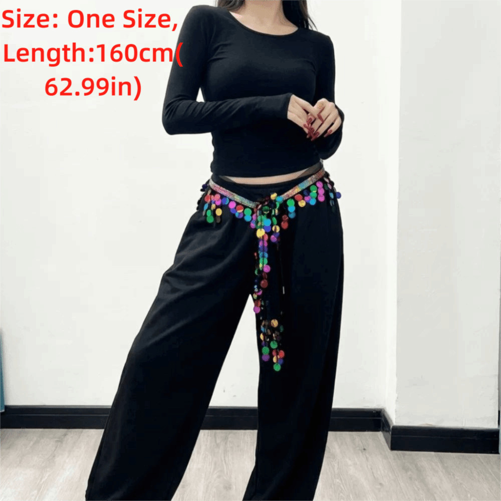 TRACEILLOIAN Tua Rua Quấn Eo, Lưới Đế Vải Có Thể Điều Chỉnh Dây Buộc Sequin Hip Khăn, Hip Hop Tua Rua Dài Viền Bất Đối Xứng Cắt Cymbal Kim Sa Lấp Lánh Sân Khấu Dây Xích Eo Hiệu Suất Kpop