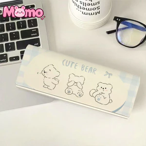 Hộp đựng kính mắt học sinh di động bằng da PU kẻ sọc xanh, hộp đựng kính mắt từ tính chống áp lực