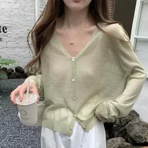 Áo len dệt kim mỏng dệt kim phù hợp cho nữ mùa hè Áo ngoài vải tuyn Áo sơ mi điều hòa không khí