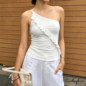 Áo ba lỗ một vai nữ có viền xếp nếp Slim Solid Slash Neck Áo Vest Crop bất đối xứng