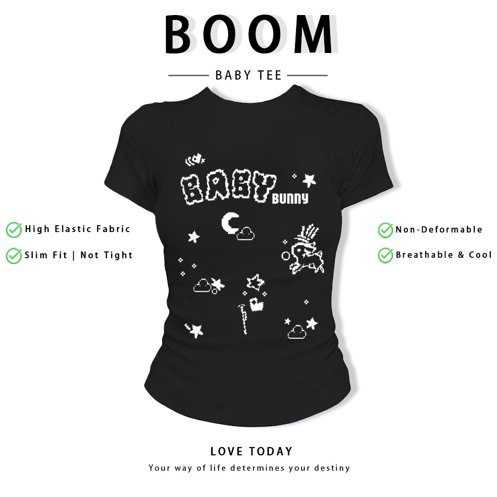 BOOM Áo Baby Tee Nữ Cotton Ôm Body-Áo Thun Ngắn Tay Y2K In Hình PhongCách Mùa Hè, Cổ Tròn Hàng Đầucách hàn quốc phongV15