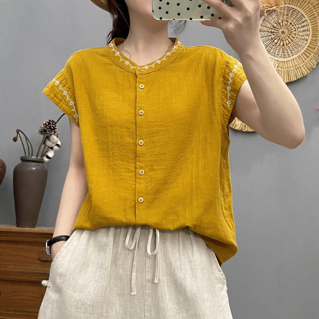 [Sẵn Sàng] Áo Sơ Mi Nữ Sợi Cotton Cao Cấp Mùa Hè 2026 Phong Cách Dân Tộc Thiết Kế Niche Không Tay