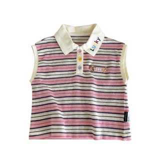 Áo Sơ Mi POLO Sọc Bé Gái Thời Trang Trẻ Em Hoạt Hình Ve Áo Dễ Thương Không Tay Top