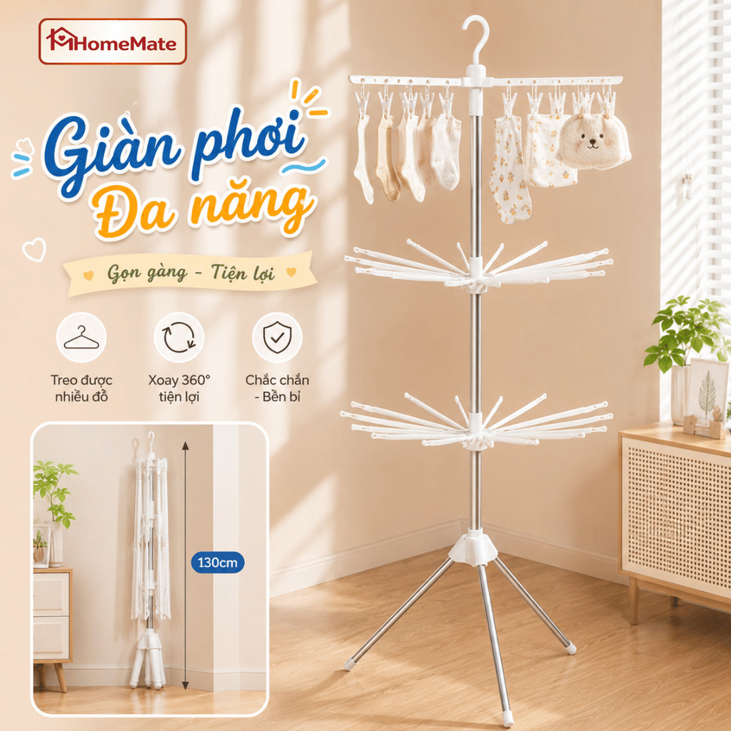 Cây Phơi Quần Áo Trẻ Em HomeMate 3 Tầng Inox 170cm, Giá Phơi Đồ Sơ Sinh 48 Kẹp Xoay 360° Gấp Gọn