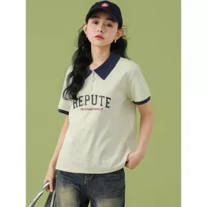 Áo thun có ve áo dáng rộng mỏng hơn phong cách Mỹ Áo sơ mi polo nửa dây kéo nữ tay ngắn phong cách ngắn vai chính hãng
