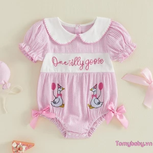 Bộ áo liền quần ngắn tay cổ búp bê sọc thêu ngỗng Bộ đồ liền thân trẻ sơ sinh