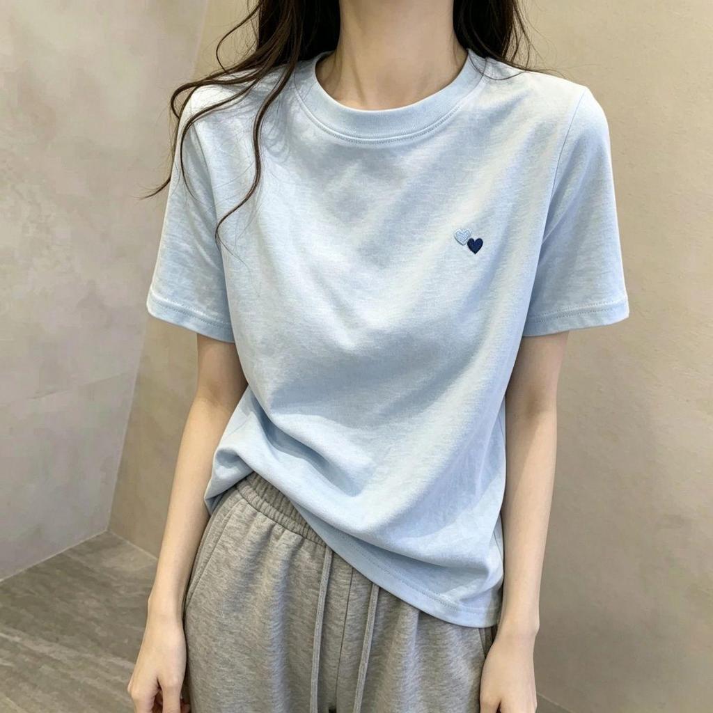 [Seckill trong thời gian có hạn] Áo thun ngắn tay thêu trái tim màu xanh bông tuyết dành cho nữ Vai chính hãng mùa hè Phong cách mới che phủ da thịt Sli