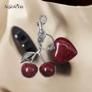 AqToCna Anh Đào Túi Trái Tim Quyến Rũ Móc Khóa Tinh Tế Đỏ Anh Đào Móc Chìa Khóa Cho Nữ Túi Ví Mặt Dây Chuyền Phụ Kiện Quà Tặng AqToCna
