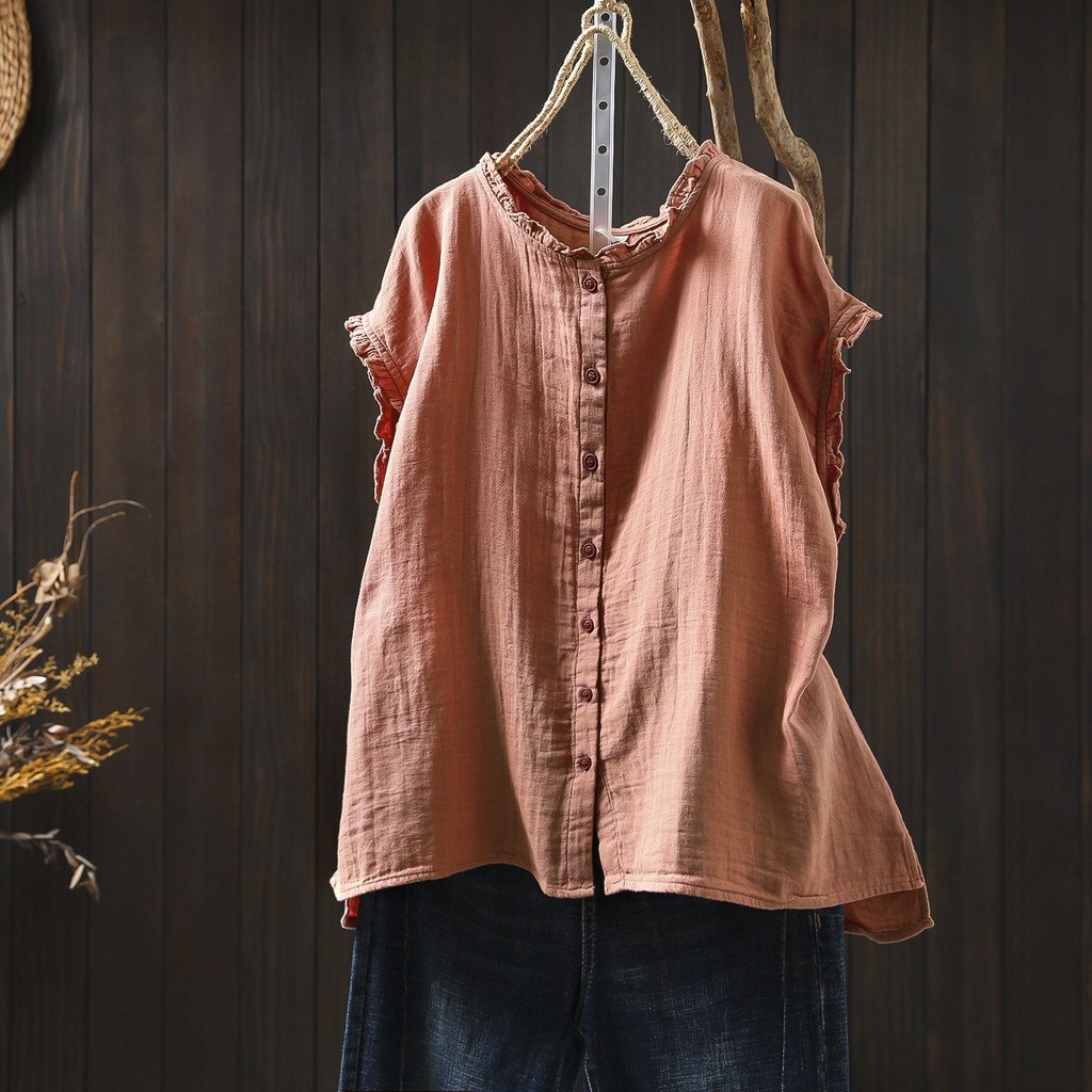 [Sẵn sàng] Áo sơ mi nữ chất liệu cotton cao cấp, dáng rộng tay ngắn, mùa hè, thiết kế bay nhỏ trẻ trung