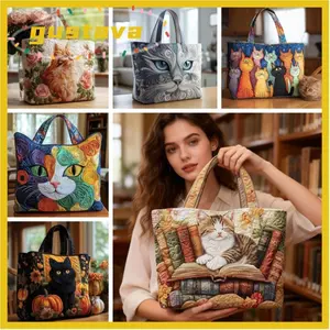 Túi Tote Nữ GUSTAVA, Túi Xách Du Lịch Cổ Điển Họa Tiết Mèo, Thời Trang Hợp Thời Trang In Họa Tiết Cotton Nhẹ Túi Đeo Vai Nữ Cô Gái