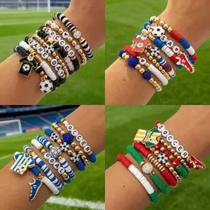 World Cup USA Bóng Đá Mặt Dây Chuyền Đất Sét Mềm Vòng Tay Đỏ Xanh Trắng Màu Phù Hợp Jersey Hỗ Trợ Vòng Tay Đàn Hồi 5.30