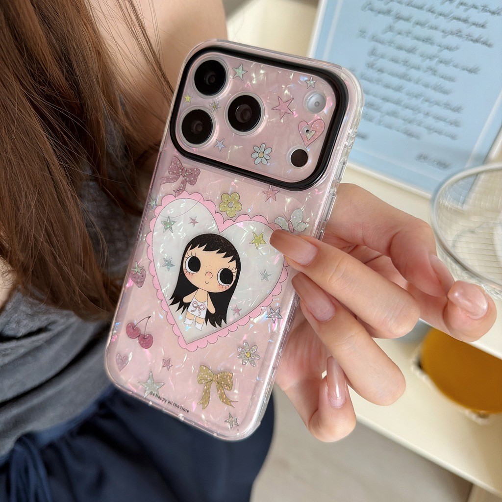 Vỏ Cho iPhone 17PM 16 Pro Max 15 IMD Craft Laser Shell Design YUY Girl Phim Hoạt Hình Chống Sốc TPU Mềm Chống Trầy Xước Chống Bụi Bẩn Vỏ Điện Thoại Có Chân Đế Trái Tim Tình Yêu