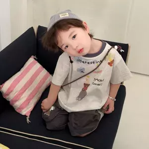 Áo thun trẻ em in hình hoạt hình dễ thương mùa hè màu tương phản cổ tròn phong cách phương Tây nửa tay thông thường