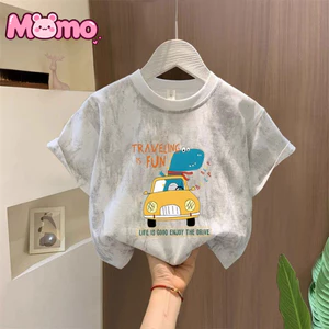Áo thun trẻ em cổ tròn ngắn tay in hình hoạt hình khủng long dễ thương dành cho bé trai và bé gái