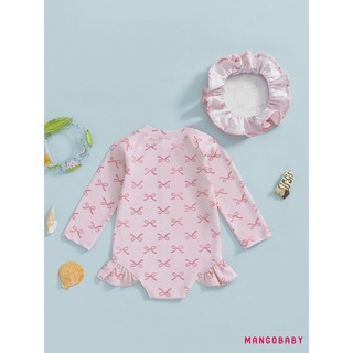 MG-Baby Girl Rash Guard Đồ bơi dài tay Nơ / Bộ đồ tắm in hình anh đào Đồ bơi trẻ sơ sinh có mũ chống nắng