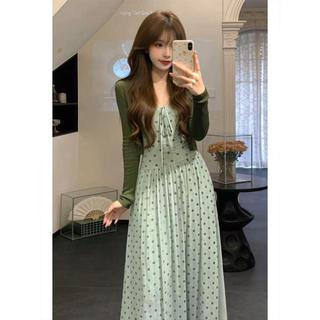 [Mặc nhỏ dễ thương] Đầm chấm bi màu xanh lá cây phong cách Pháp cỡ lớn dành cho nữ mùa hè Váy dài eo hẹp cao cấp Bộ đồ hai mảnh