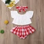 Bé Gái Đặt Vai Rỗng Ra Top + Quần Short Tam Giác In Kẻ Sọc + Băng Đô Quấn Tóc Nơ