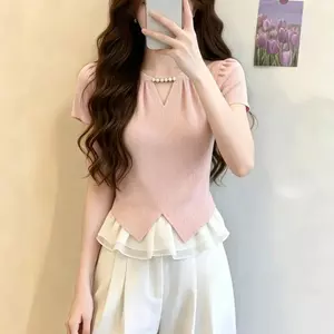 Phong cách mong muốn thuần khiết Giả hai mảnh Khâu đính cườm Nữ tay ngắn mùa hè 2026 Phong cách mới Độc đáo Siêu đẹp Top Hợp thời trang
