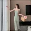 Bạc Hà Xanh Dệt Kim Đẹp Sling Đầm Nữ Xuân Hè Phong Cách Mới Mỏng Phong Cách Hẹp Eo Sang Trọng Ôm Hơn Nhìn Váy Dài Với Mông