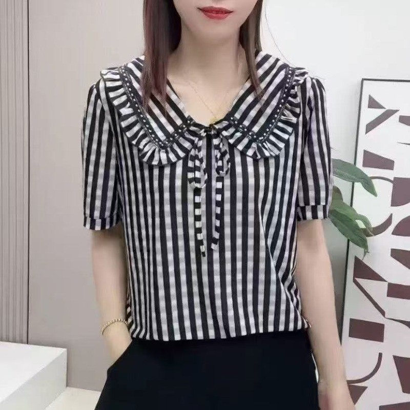 Áo thun voan đẹp và thời trang mùa hè mới phiên bản Hàn Quốc dáng rộng kẻ sọc cổ điển dành cho nữ