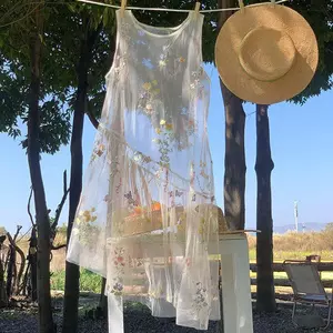 Váy không tay thêu lưới mùa hè Váy rộng nhiều lớp Váy Vest