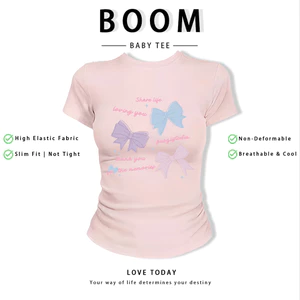 BOOM Áo Baby Tee Nữ Cotton Ôm Body-Áo Thun Ngắn Tay Y2K In Hình PhongCách Mùa Hè, Cổ Tròn Hàng Đầucách hàn quốc phong077