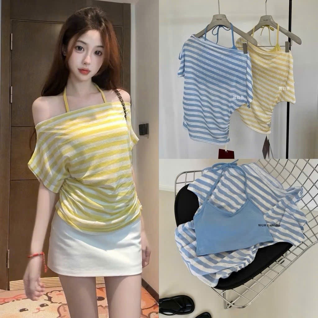 Áo Trễ Vai Thun Giấy Sọc Ngang Nhún Eo Phối Áo 2 Dây Cổ Yếm Tôn Dáng Mùa Hè  - Alisa 95
