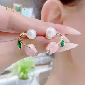 PNPIA- Bông tai ngọc trai giả hình hoa Tulip sang trọng nhẹ Hàn Quốc dành cho nữ Hai cách đeo đinh tán tai cho bé gái Trang sức dự tiệc hàng ngày