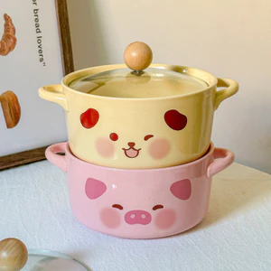 Phong Cách Hàn Quốc ins Gốm Ăn Liền Bát Có Nắp Ký Túc Xá Sinh Viên Mì Ăn Liền Bát Dễ Thương Vít Bột Bát Đôi Tai Súp