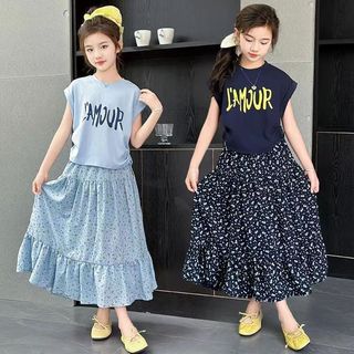 Bộ váy bé gái mùa hè phong cách Hàn Quốc - Áo tay ngắn phối chân váy hoa nhí dài thời trang