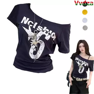 Áo đeo vai VVDZA, Tay ngắn in chữ Y2k, Cổ xiên thời trang Body Crop Top Phong cách cổ điển