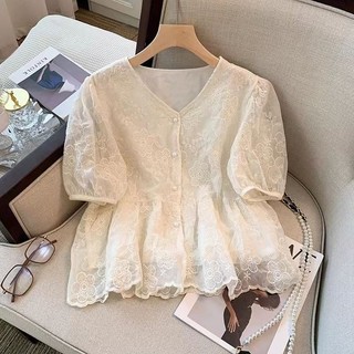 [Luni-oder] Áo Kiểu Nữ Ren Hoa Cổ Tim Tay Phồng Thêu Thủ Công Jacquard , Áo Kiểu Peplum Chiết Eo Màu Kem Thanh Lịch AK10