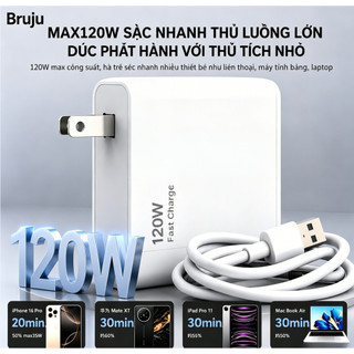 Bruju Sạc nhanh laptop 120W PD QC3.0 Siêu Nhỏ Gọn/Sạc iPhone/iPad MacBook Chỉ 20-30 Phút Sạc tương thích nhiều dòng máy