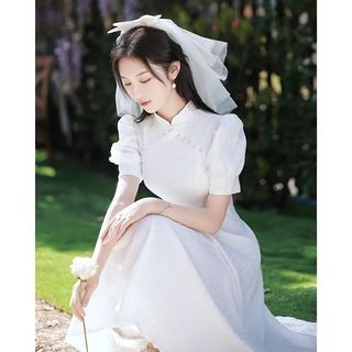 Sườn Xám Cách Tân Dáng Xòe Tay Bồng - Đầm Trắng Tiểu Thư Tôn Dáng