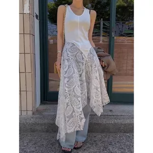 Kích thước lớn Fat MM Thiết kế khâu ren không đều Đầm Vest nữ mùa hè Váy dài xếp lớp cổ điển