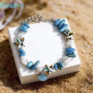 Vòng tay sao biển vỏ FUJIOU, Vòng tay hạt bãi biển có thể điều chỉnh dòng biển đại dương, Vòng đeo tay ngọc trai đầy màu sắc cổ điển Vòng đeo tay vỏ Bohemian hàng ngày