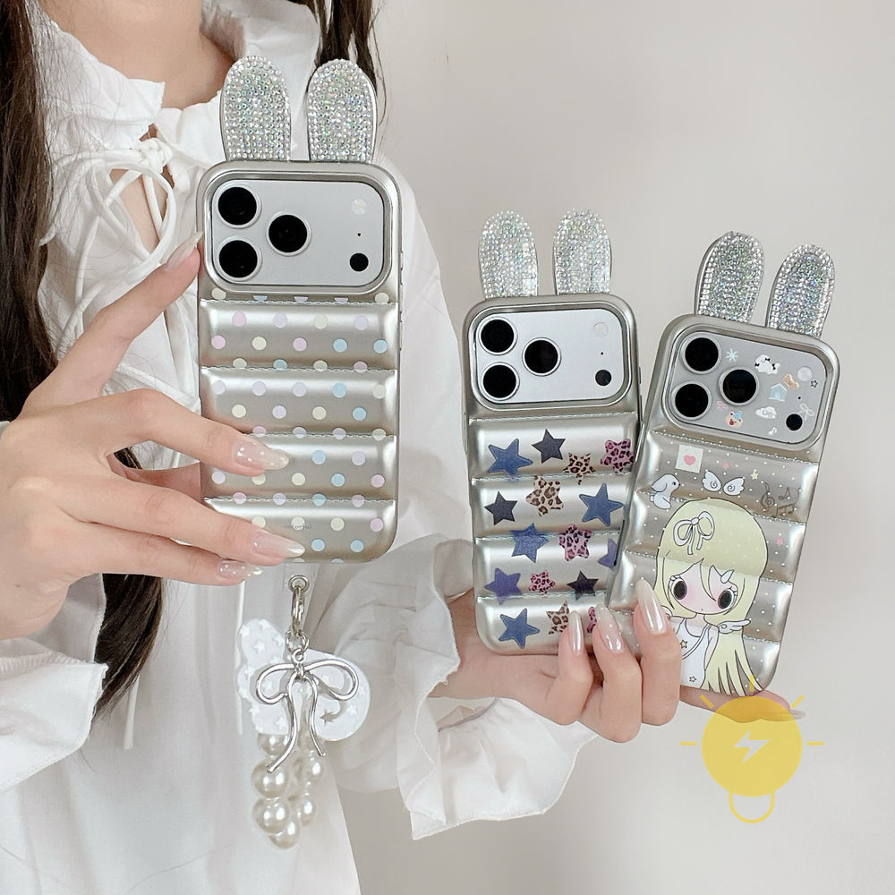Phone Case For iPhone 17 Pro Max 16 15 TPU Cartoon Keychain Ear Star Pearl 3D Down Coat Style Aesthetic Korean Cute
