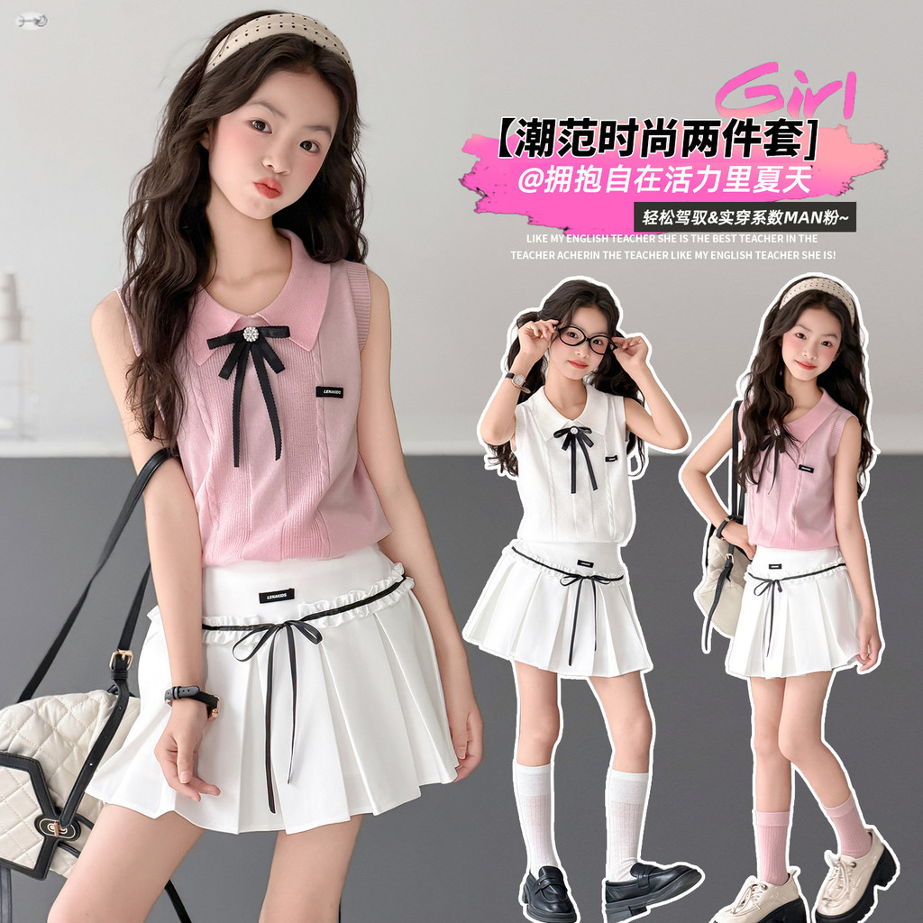 Bé Gái Mùa Hè Preppy Phong Cách Nơ Băng Lụa Áo polo 2026 Phong Cách Mới Trẻ Em Ngọt Ngào Không Tay Top