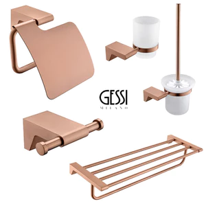 Bộ phụ kiện phòng tắm GESSI của Ý, toàn bộ bằng đồng mạ vàng hồng, bao gồm giá đựng khăn giấy, giá treo khăn, phụ kiện p