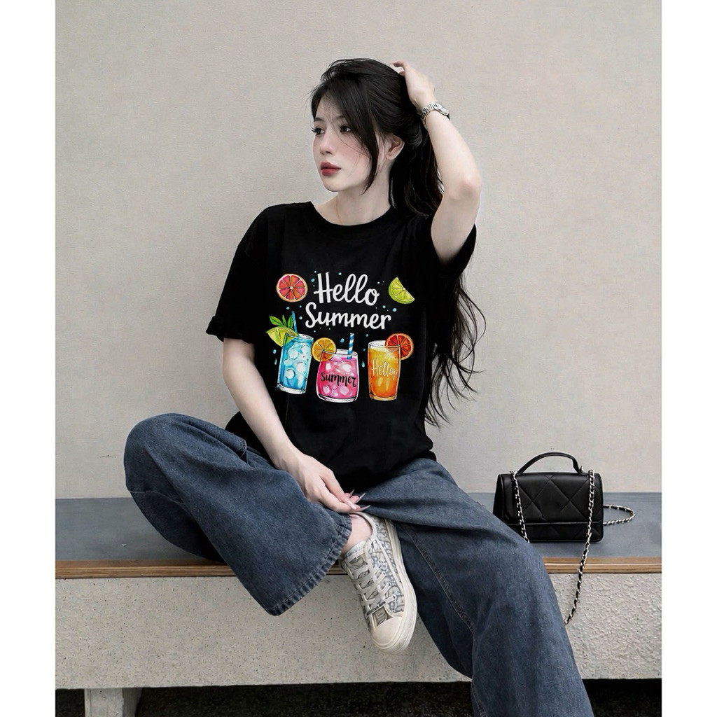 （Giao hàng 24h）Angela Áo Phông Nữ Form Rộng Boxy Cotton 2 Chiều In Hình Hello Summer Ly Nước Trái Cây Phong