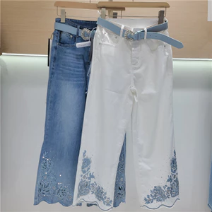 Nóng Kim Cương Crop Jeans Nữ Mùa Hè 2026 Phong Cách Mới Cao Cấp Ôm Hơn Nhìn Retro Đau Khổ Thêu Rỗng Thẳng Quần