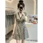 Đầm kẻ sọc thời trang phong cách mới mùa hè Phong cách Pháp tay phồng cổ chữ V Váy chữ A dáng rộng hẹp