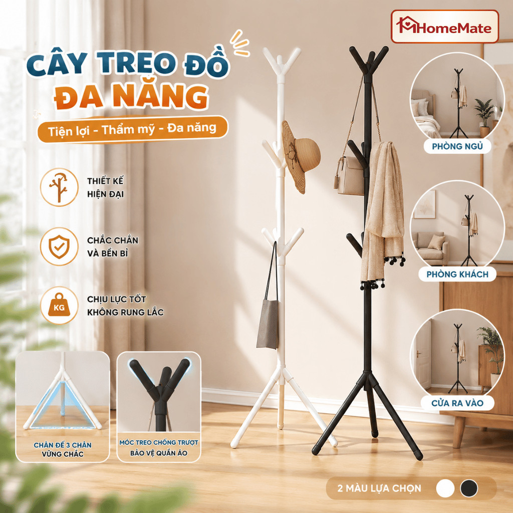 Cây Treo Quần Áo HomeMate Bằng Thép Không Gỉ Đa Năng, Giá Treo Túi Xách Mũ Nón Decor Phòng Ngủ Chịu Lực Tốt