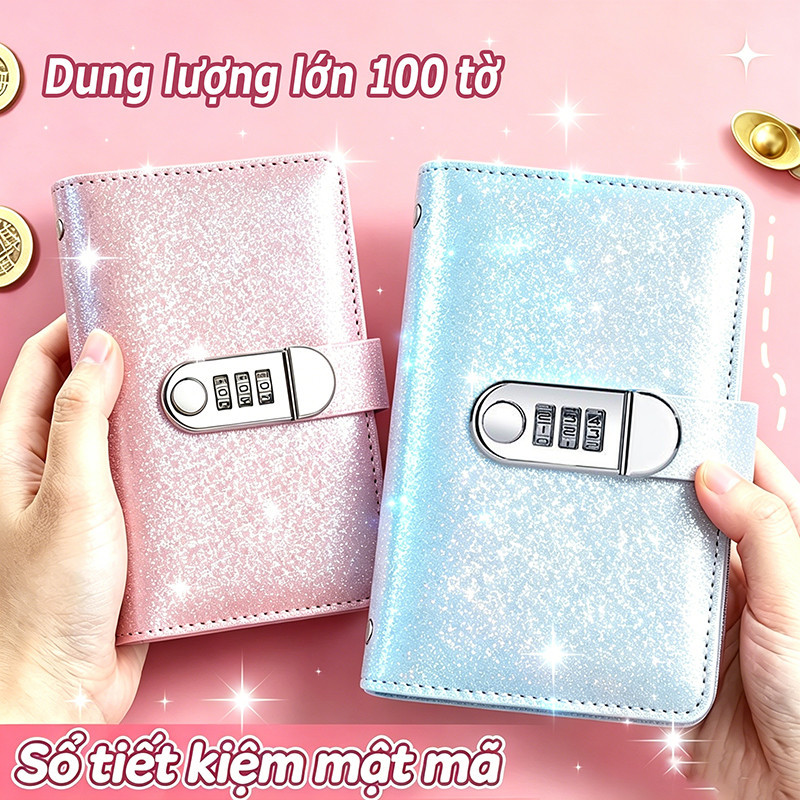 Sổ tiết kiệm đựng tiền 100 ngày lấp lánh có khóa mật mã giữ tiền tạo thói quen tiết kiệm thông minh