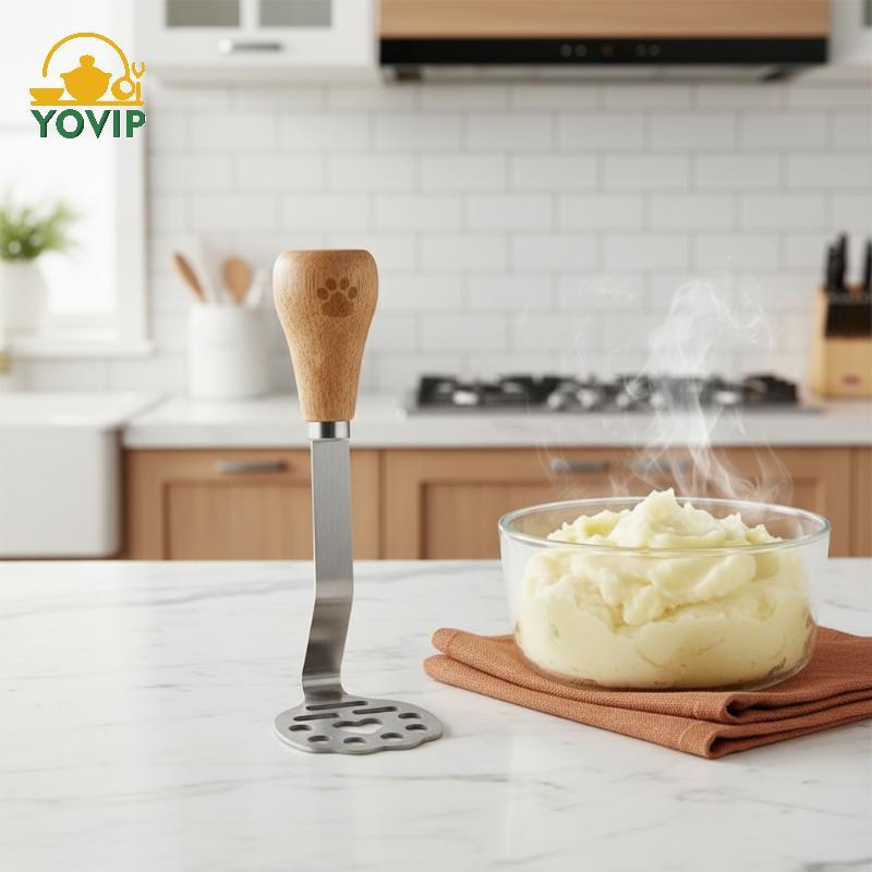 Máy nghiền khoai tây bằng thép không gỉ YOVIP có tay cầm bằng gỗ, Dụng cụ nghiền khoai tây cấp thực phẩm để nướng tại nhà, 12,5x5,5cm, 430 thép không gỉ VN