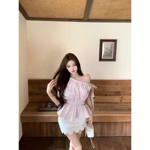 Áo sơ mi ngắn eo hẹp chấm bi dành cho nữ mùa hè Pure Desire Style Suit Váy hông ren eo cao Bộ đồ hai mảnh