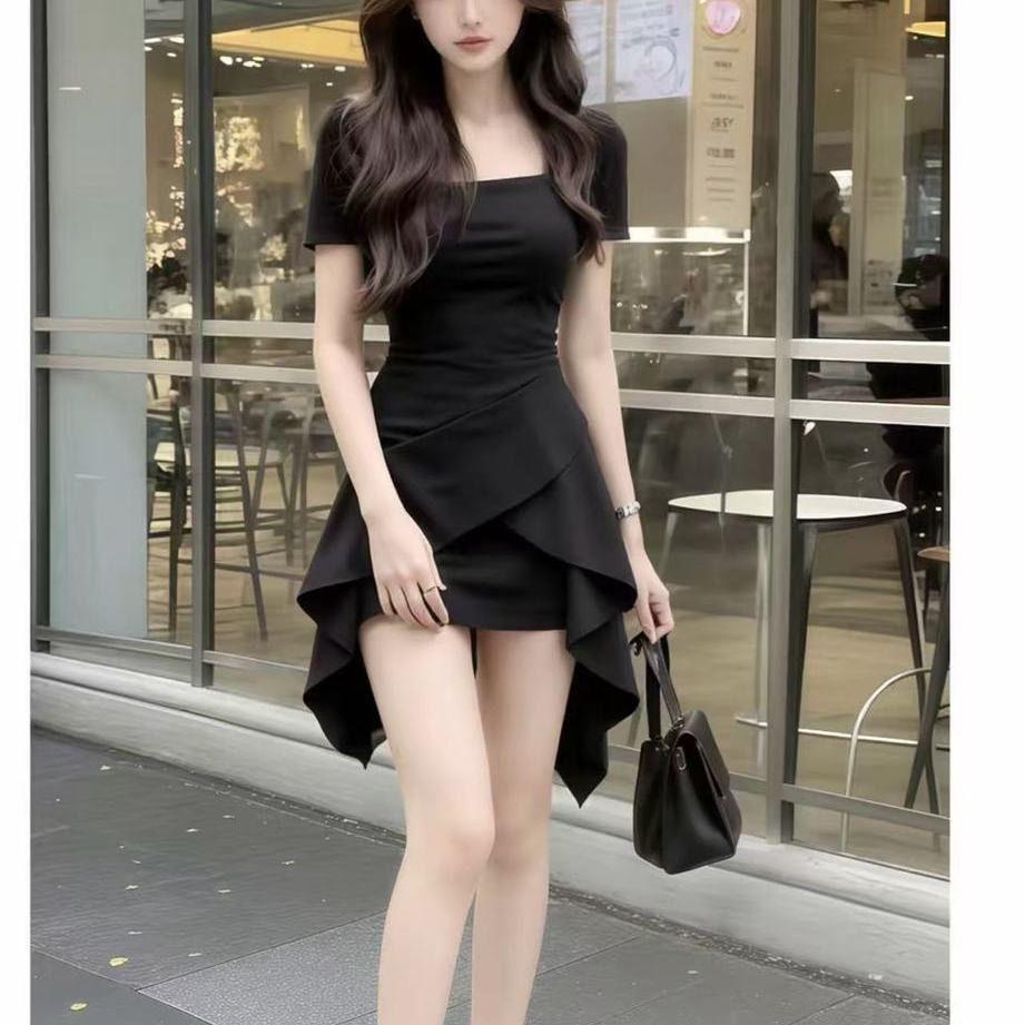 [Hàng mới về] Đầm ngắn tay cổ vuông đơn giản phong cách mới mùa hè Slim-Fit Slim-Fit Slimmer Look Pleated Hip Ski