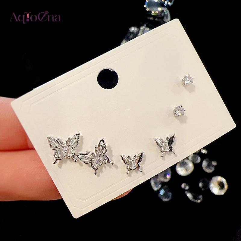 AqToCna 6 Cái / bộ Y2K Màu Bạc Kim Cương Giả Bướm Bông Tai Dành Cho Nữ Thời Trang Punk Bông Tai Bộ Đồ Trang Sức Hợp Thời Trang Quà Tặng AqToCna